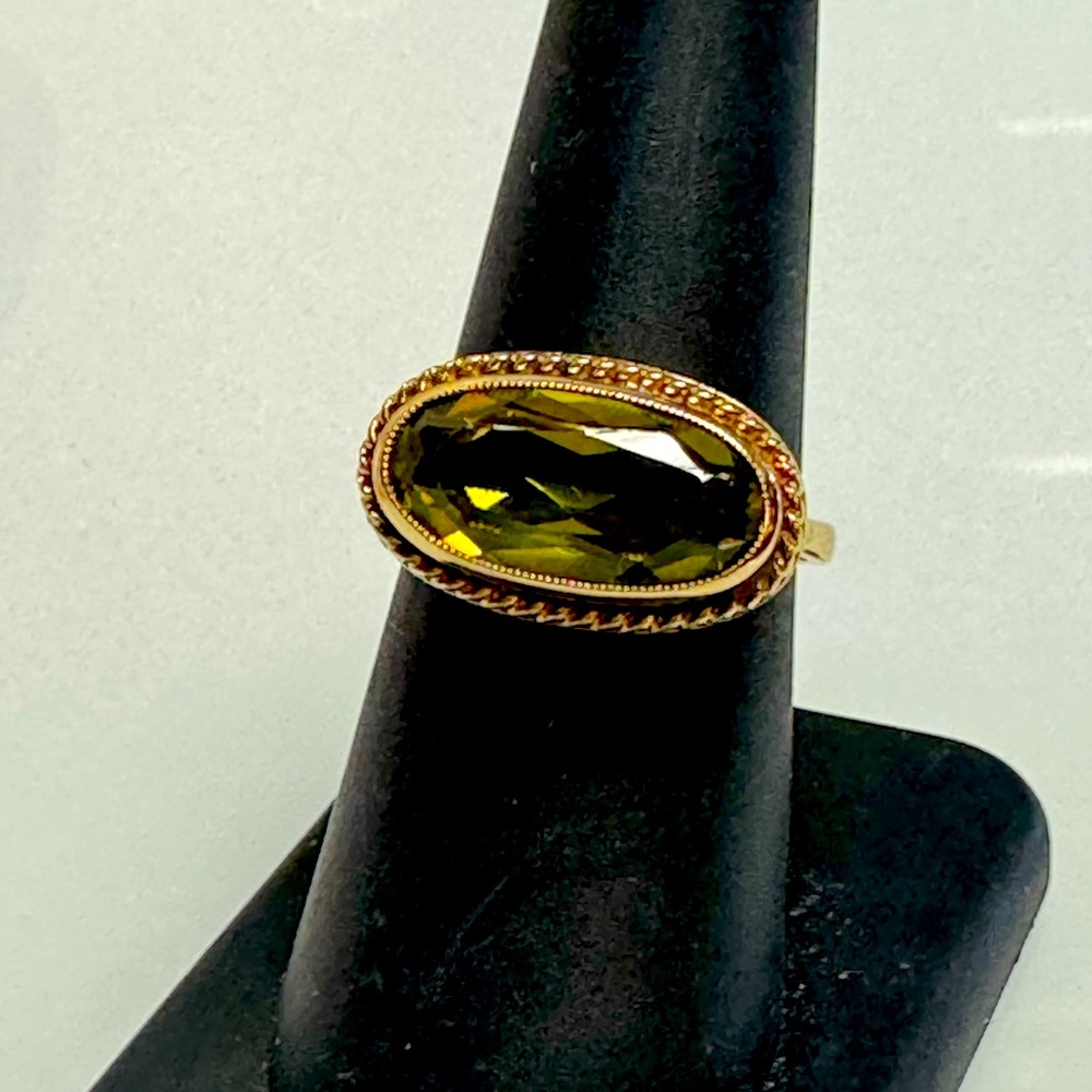 Bezel set, 10k, yellow gold, Peridot colored stone ring- with oval stone!
